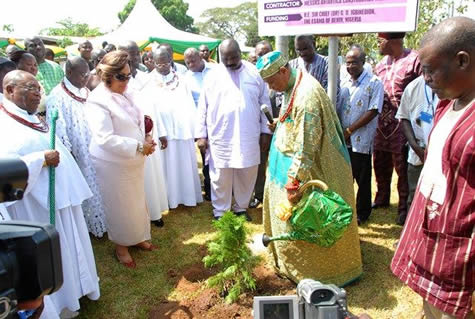 Chief Igbinedion watering the newly planted tree